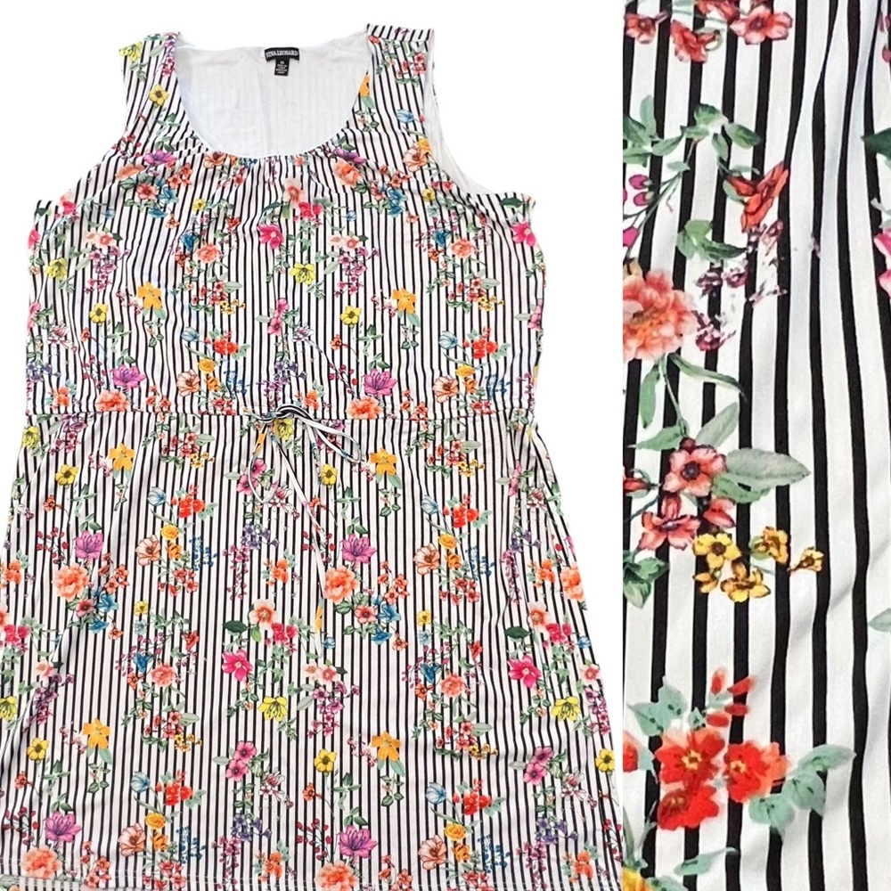 Nina Leonard Dress 3X Stripedβ Black White Floral Sleeveless Boho Summer Stretch